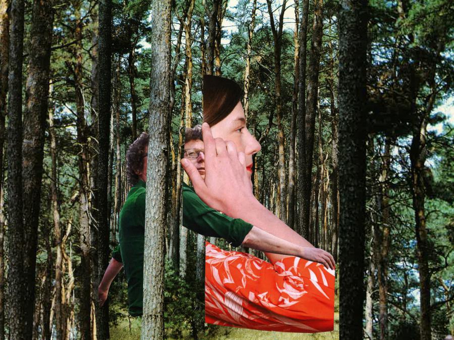 Collage van Arnon Grunberg en Charlotte van den Broeck in een bos